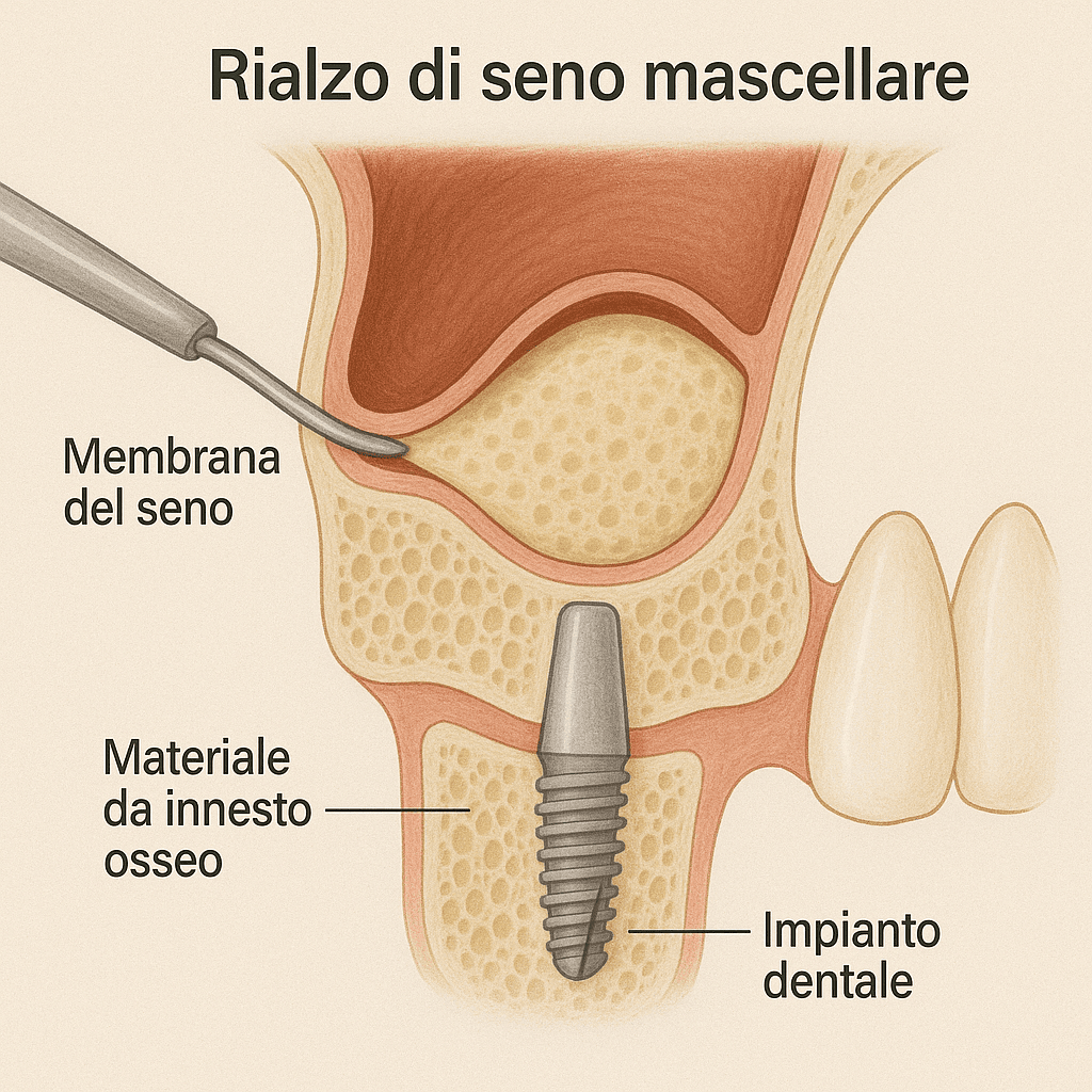 Illustrazione del rialzo del seno mascellare con impianto dentale e materiale da innesto osseo