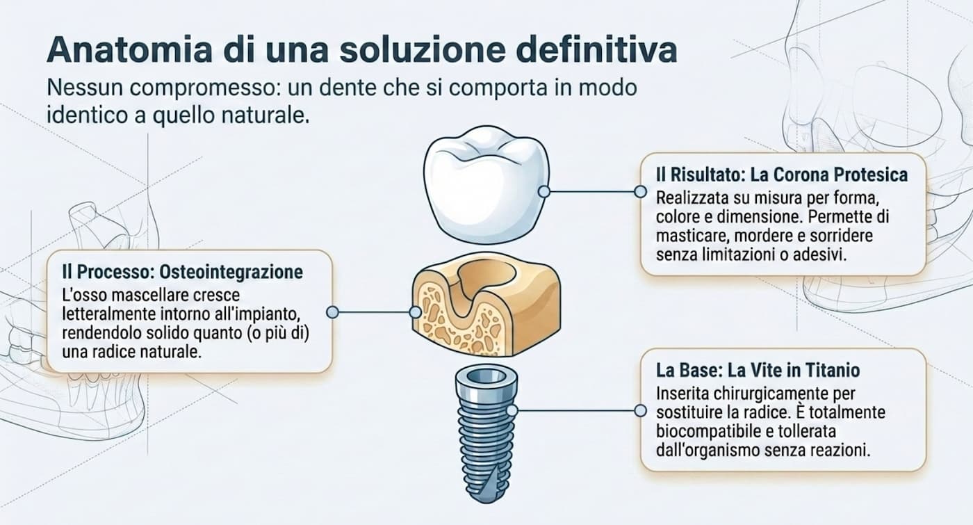 Anatomia di un impianto dentale: vite in titanio, osteointegrazione e corona protesica