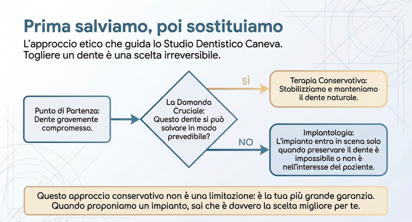 Approccio conservativo del Dott. Caneva: prima si salva il dente naturale, l'impianto solo se necessario
