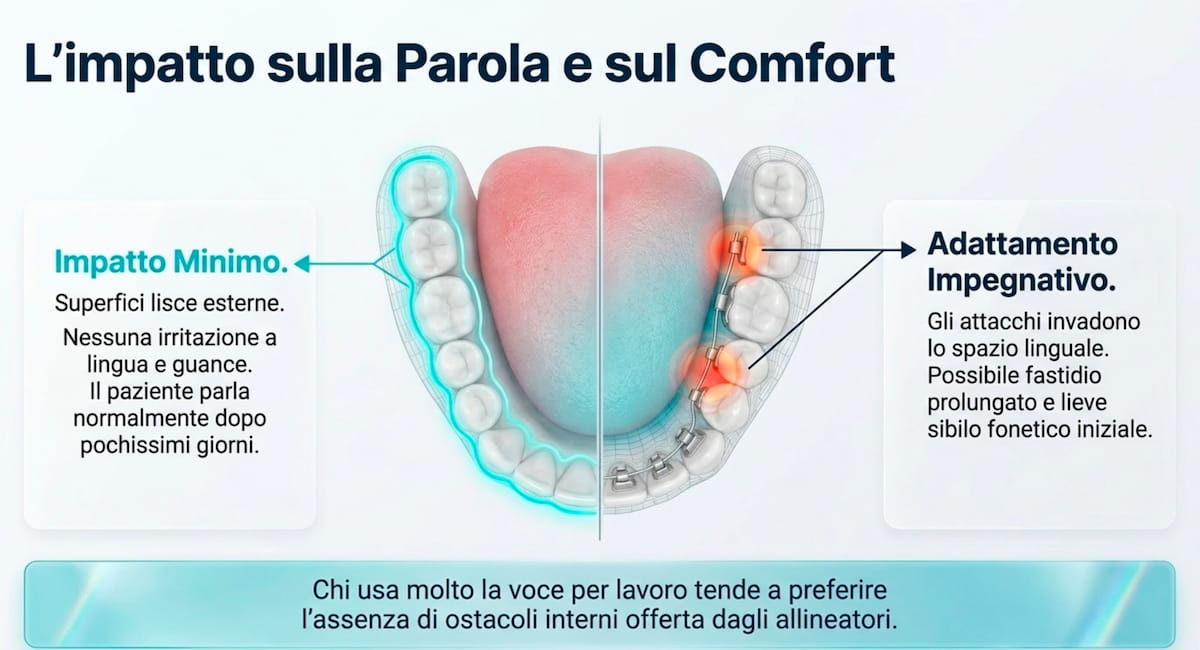 Impatto su parola e comfort: superfici lisce degli allineatori contro l'ingombro linguale dell'apparecchio fisso