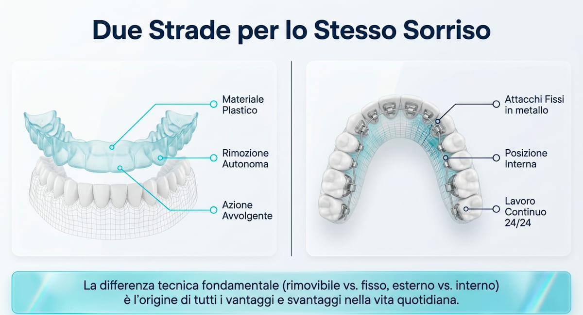 Differenza tra allineatori trasparenti rimovibili e ortodonzia linguale fissa applicata dietro i denti