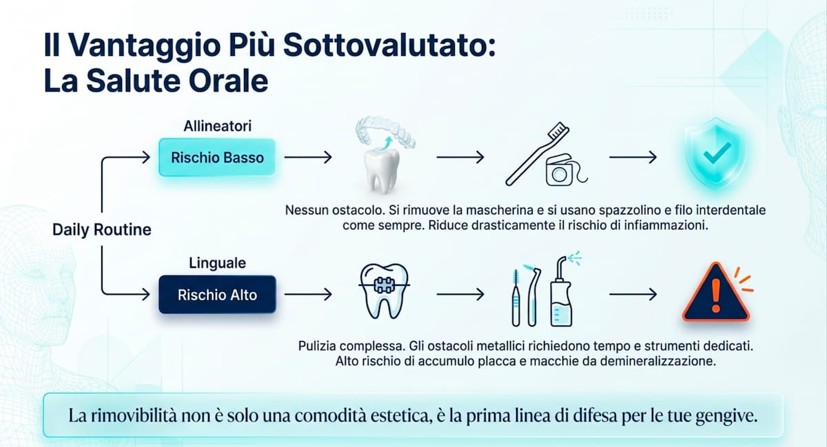 Igiene orale a confronto: rischio basso con gli allineatori rimovibili, rischio alto con l'ortodonzia linguale fissa