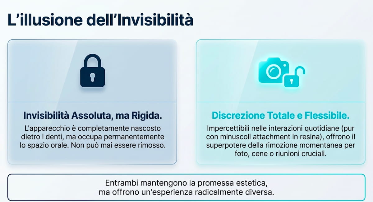 L'illusione dell'invisibilità: ortodonzia linguale invisibile ma rigida, allineatori trasparenti discreti e rimovibili