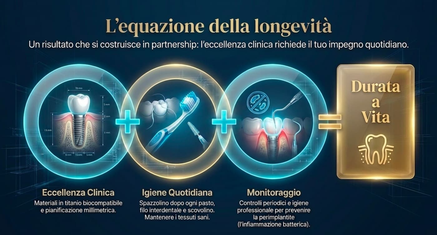 L'equazione della longevità dell'impianto dentale: eccellenza clinica + igiene quotidiana + monitoraggio = durata a vita