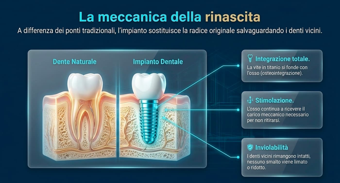 La meccanica della rinascita: confronto tra dente naturale e impianto dentale in titanio con osteointegrazione