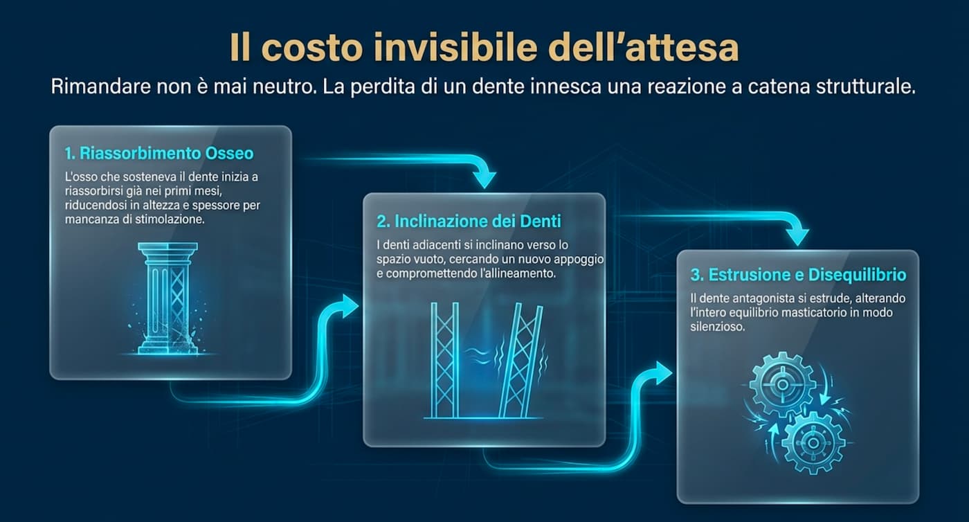 Il costo invisibile dell'attesa: riassorbimento osseo, inclinazione dei denti, estrusione e disequilibrio