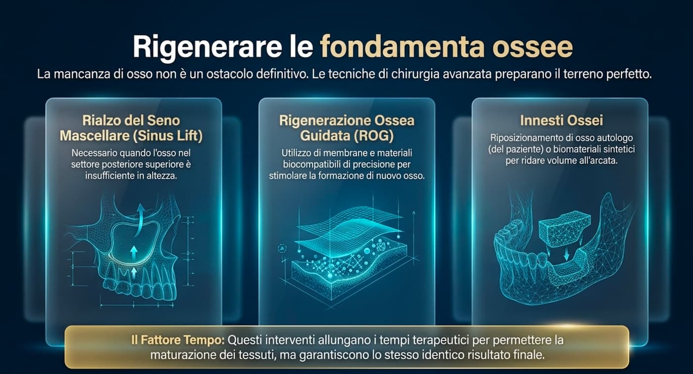 Rigenerare le fondamenta ossee: rialzo del seno mascellare (sinus lift), rigenerazione ossea guidata (ROG) e innesti ossei