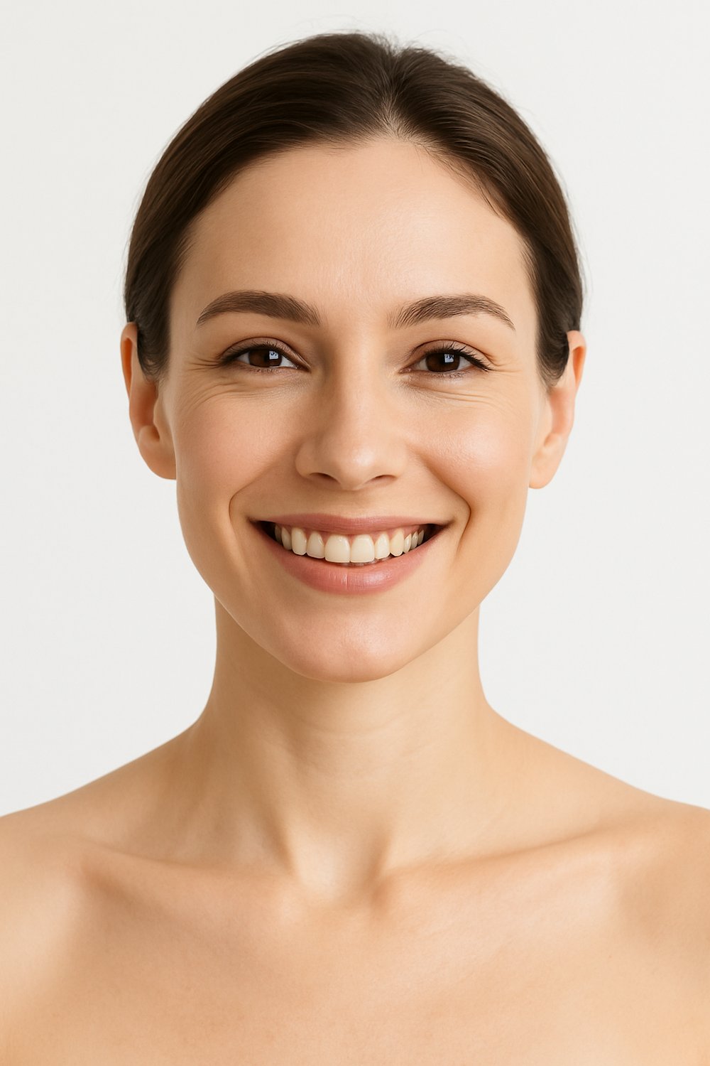 Donna sorridente con viso rilassato e armonioso, simbolo di equilibrio e benessere estetico