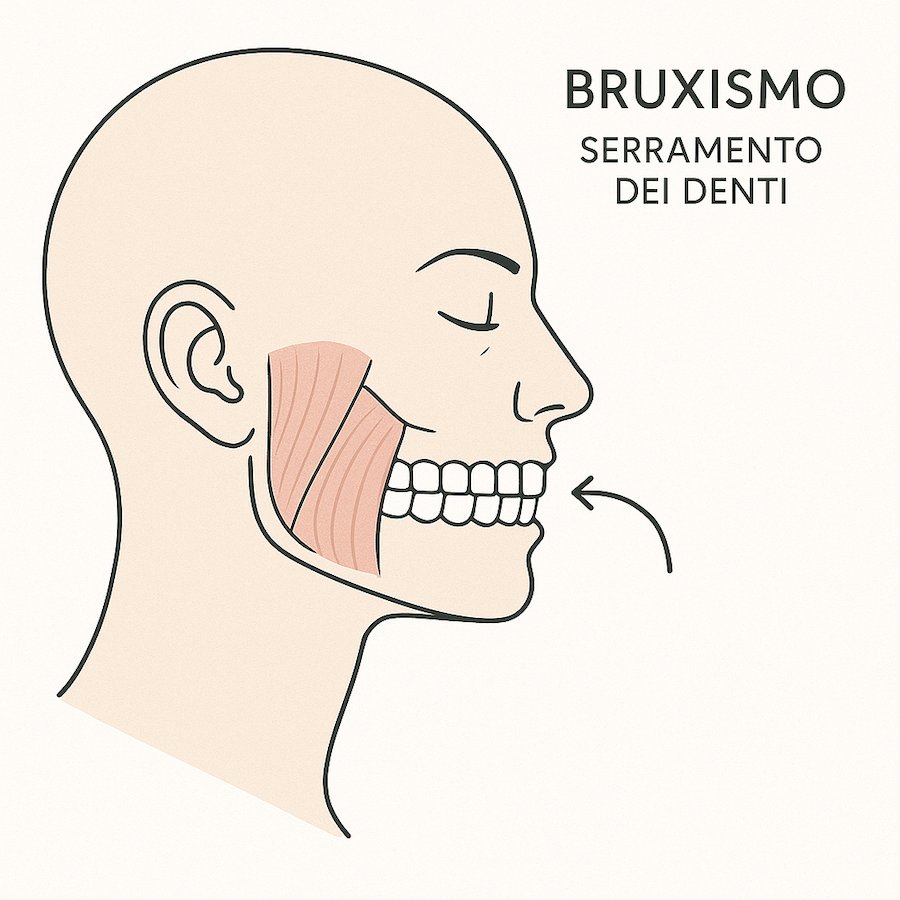 Illustrazione anatomica dei muscoli masticatori che mostra il bruxismo e il serramento dei denti